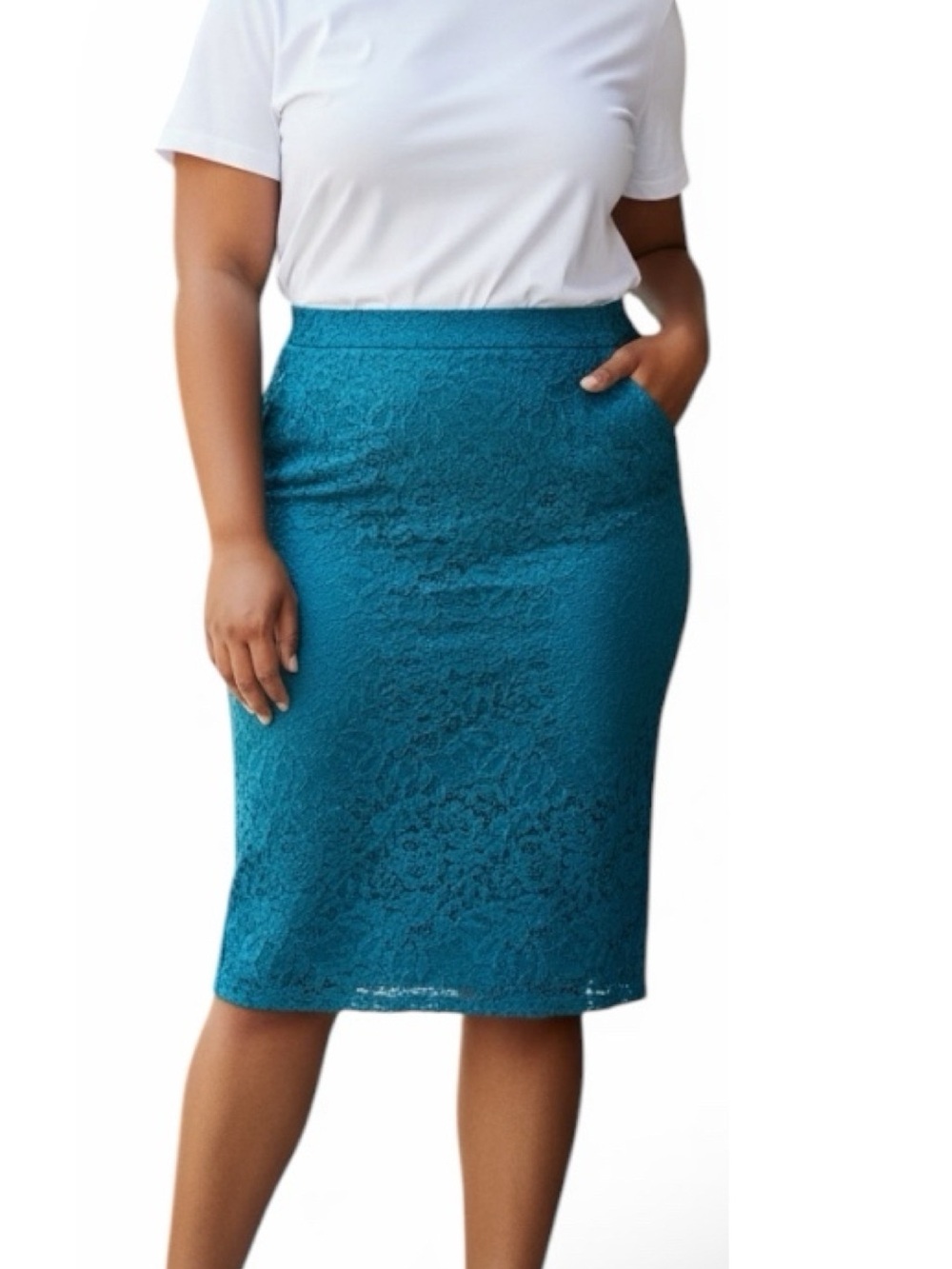 Torrid teal stretch lace midi pencil skirt size 4 (26) NWT